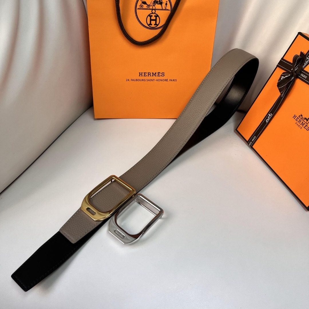 Hermès Reversible Leather Belt with Gold Buckle
