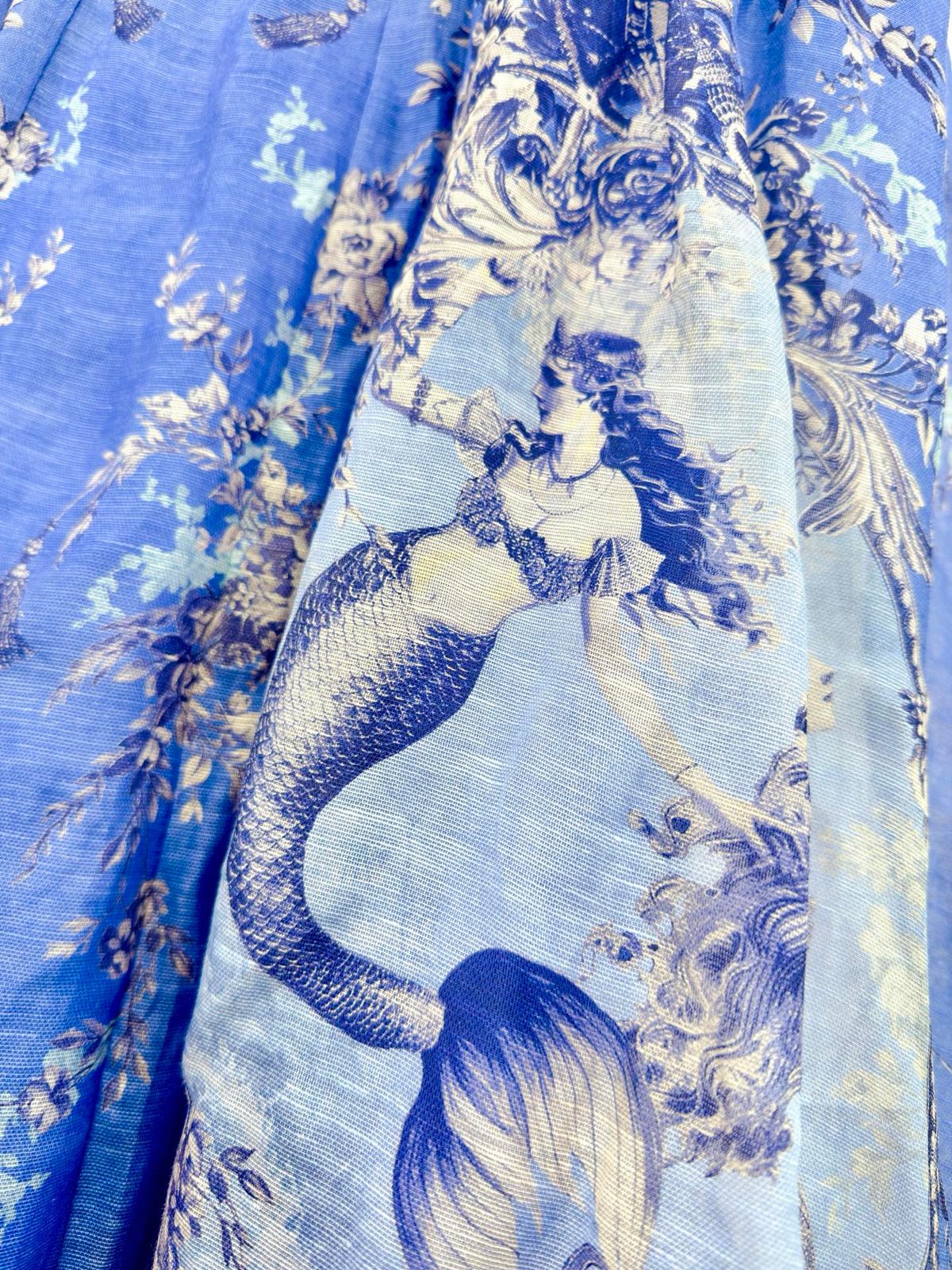 Blue and White Mermaid Print Silk Scarf