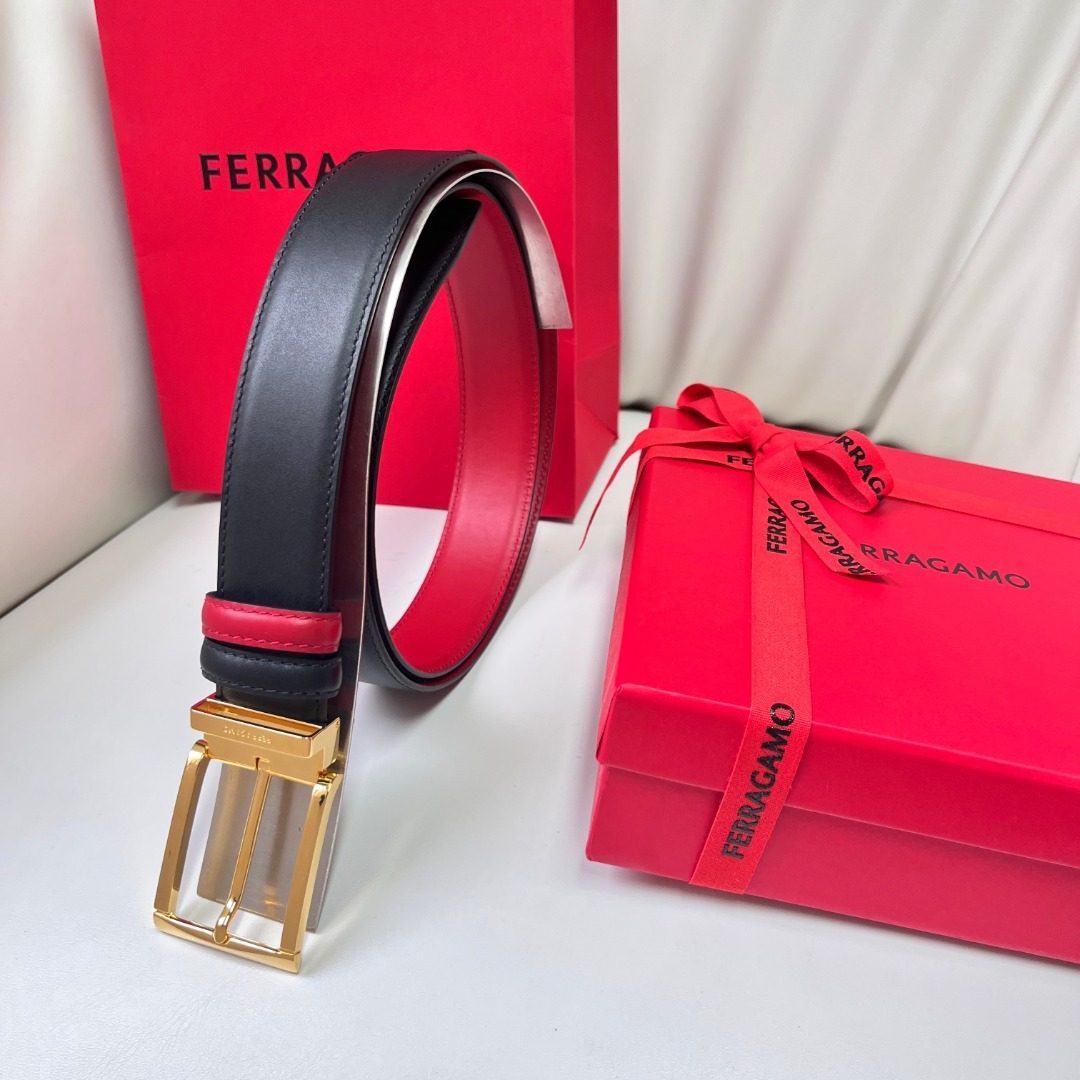 Ferragamo Reversible Leather Belt with Gold Buckle