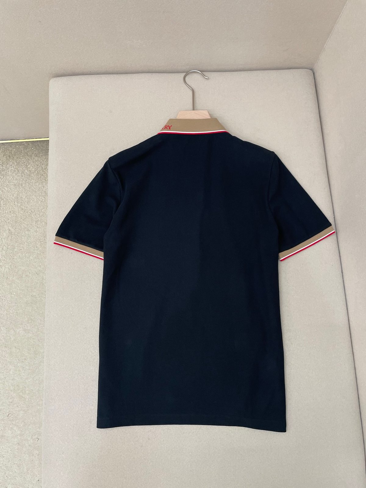 Navy Polo Shirt with Striped Collar Trim