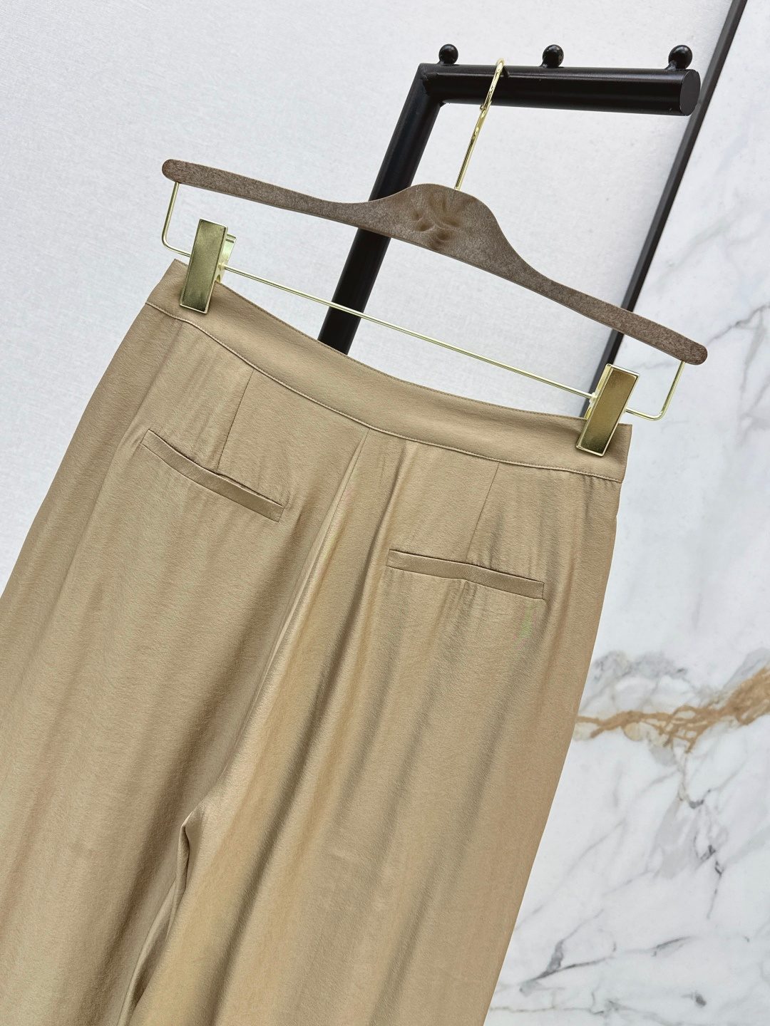 Beige Wide-Leg Pleated Trousers