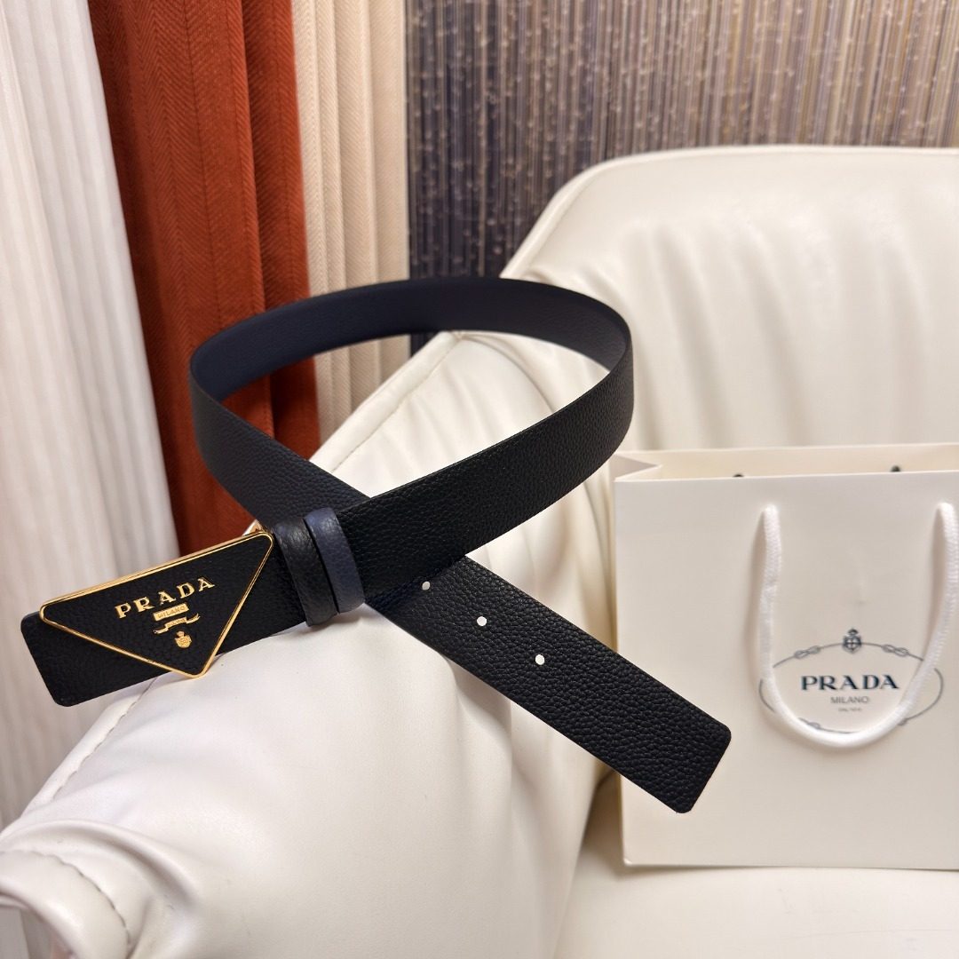 Prada Black Leather Triangle Buckle Belt