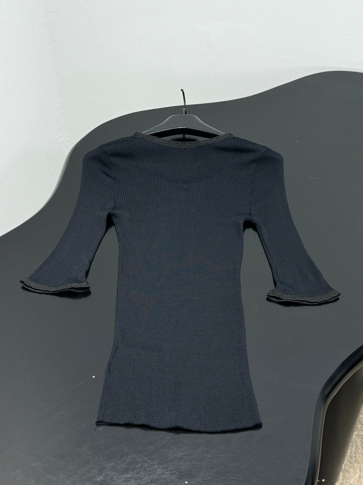 Dark Navy Ribbed Knit Flared Sleeve Top