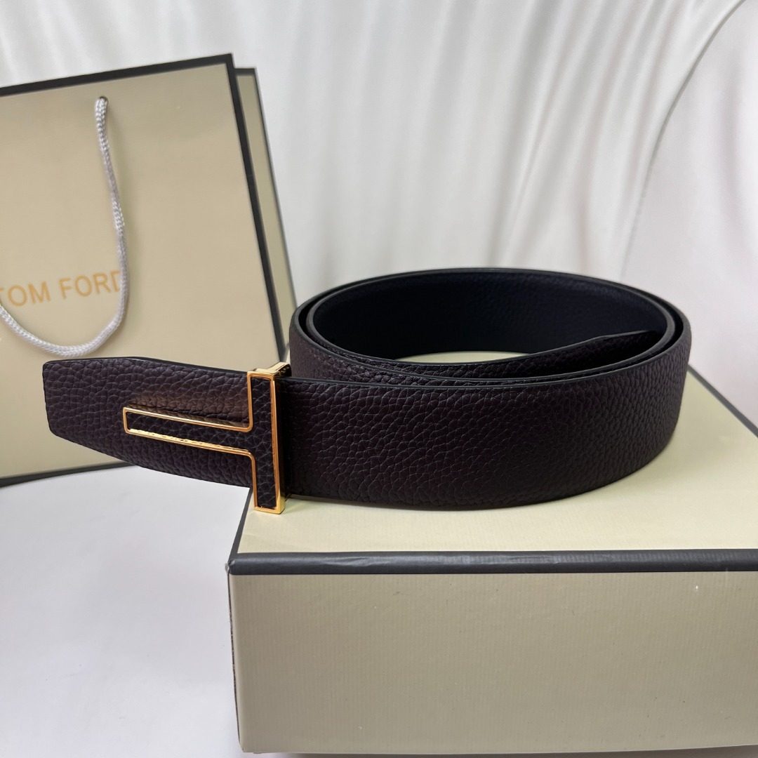 Tom Ford Grained Leather Belt with Gold Buckle
