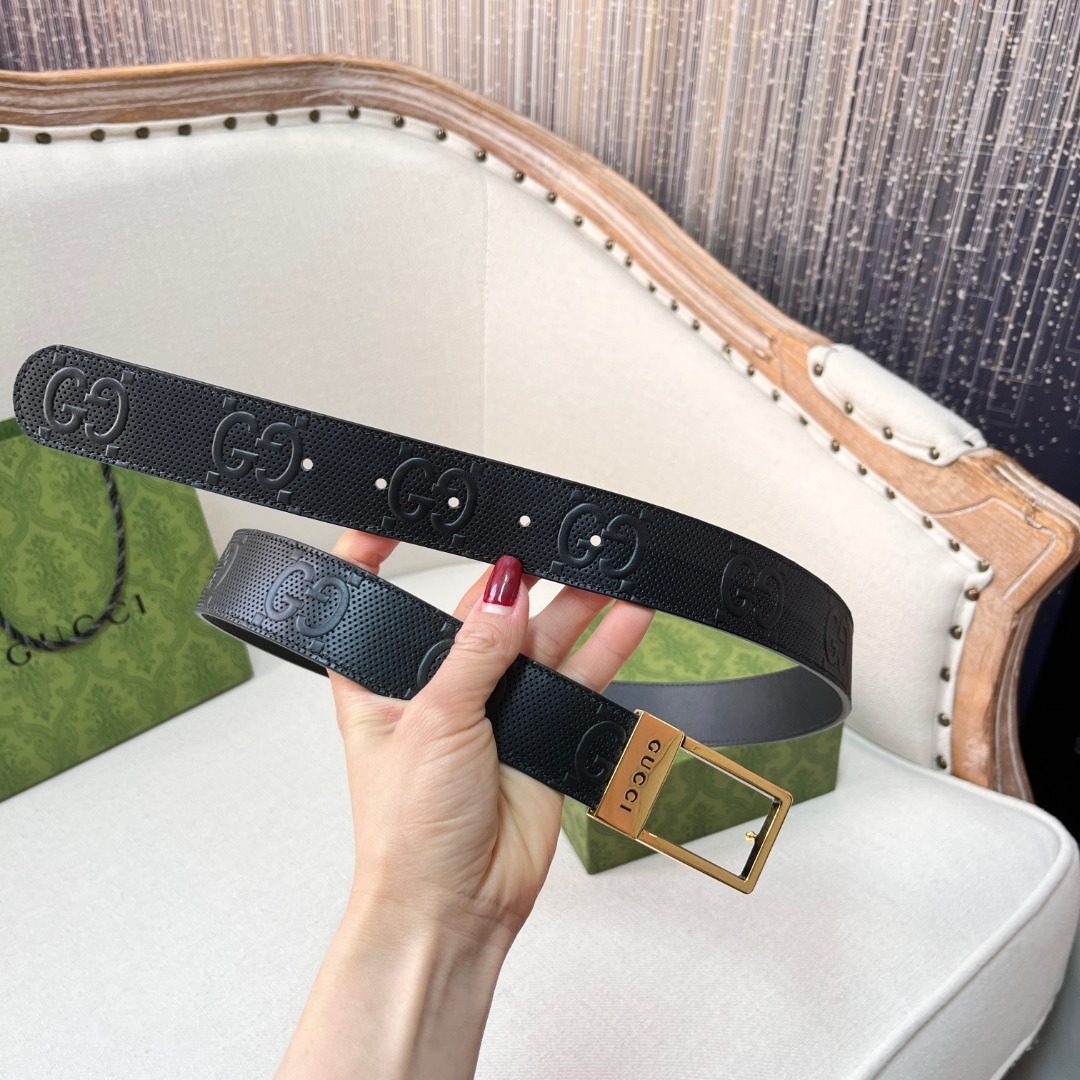 Gucci GG Monogram Leather Belt with Gold Buckle