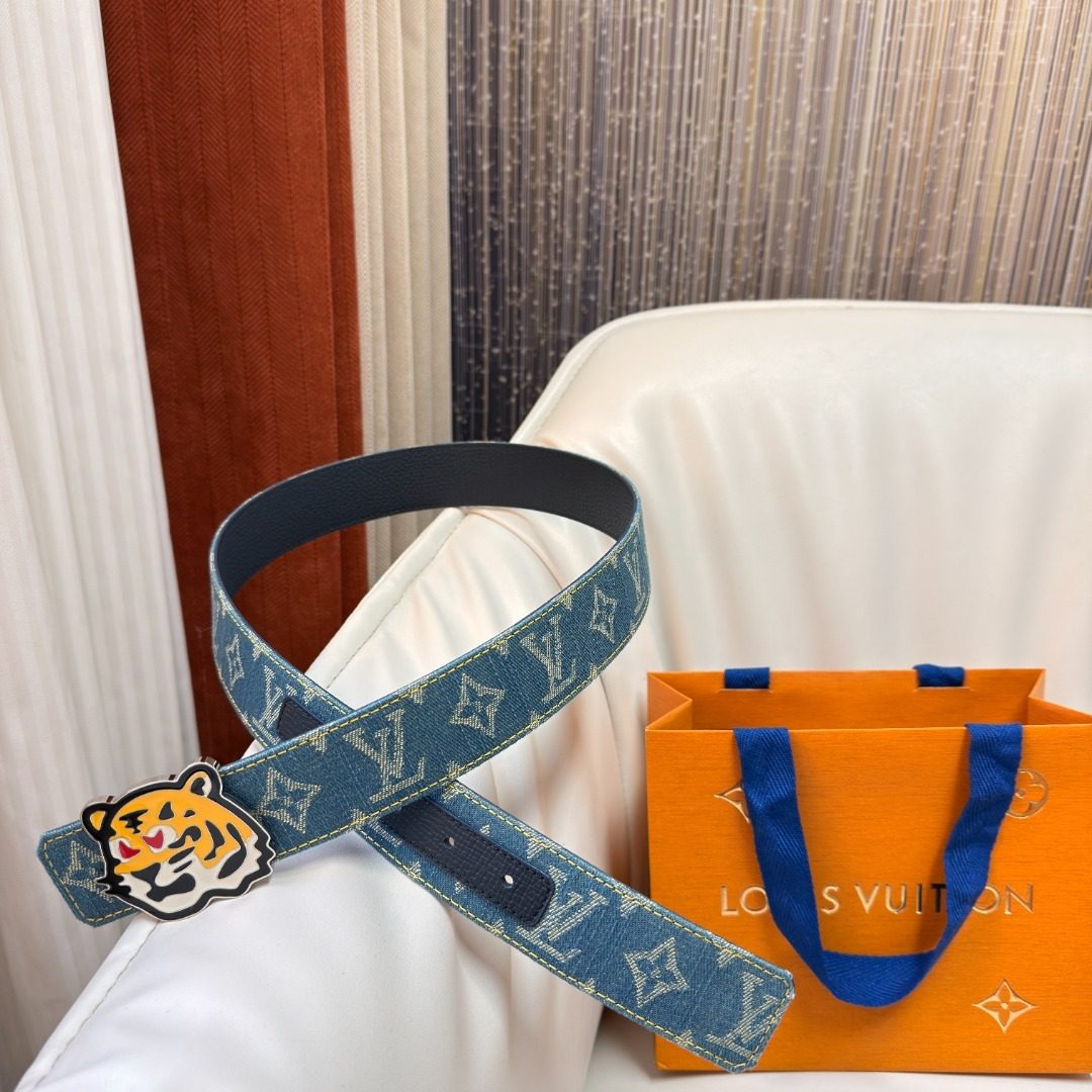 Louis Vuitton Monogram Denim Belt with Tiger Buckle
