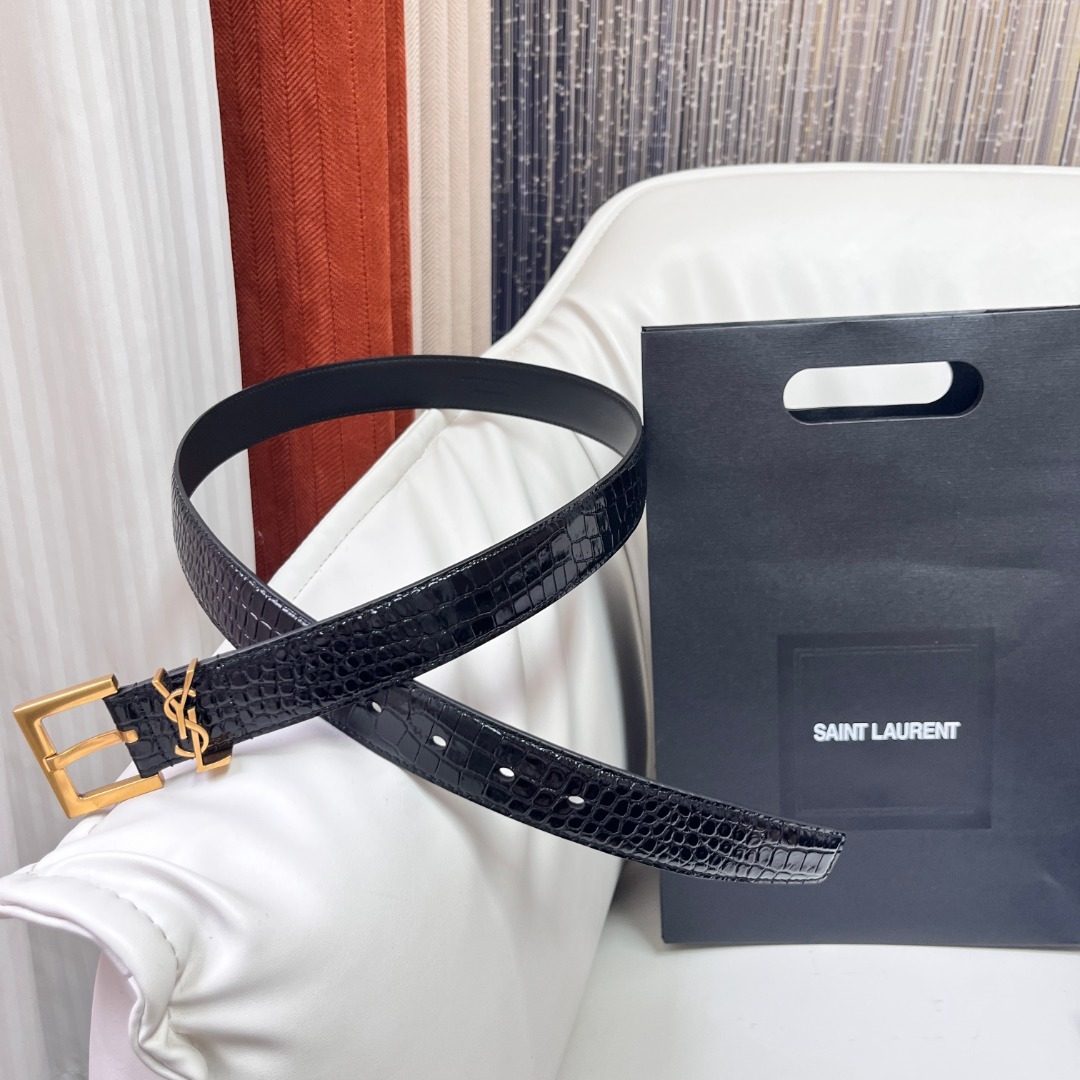 Saint Laurent Crocodile Embossed Leather Belt