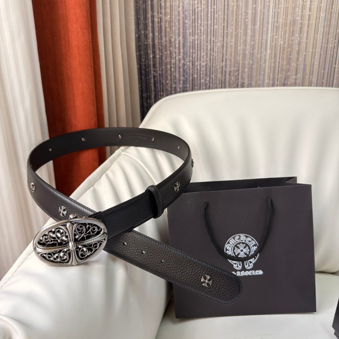 Chrome Hearts Leather Belt with Cross Buckle