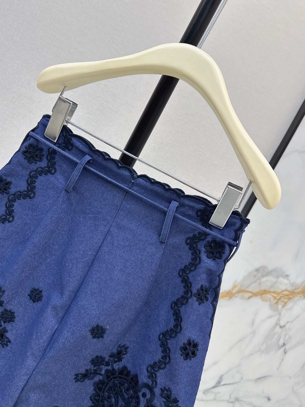 Blue Lace-Embroidered Drawstring Shorts