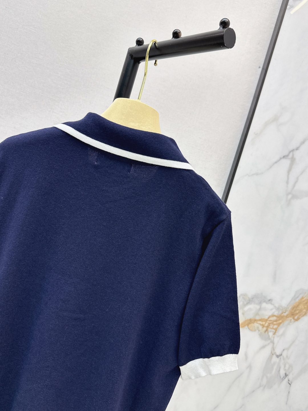 Navy Wool Polo Shirt with White Trim
