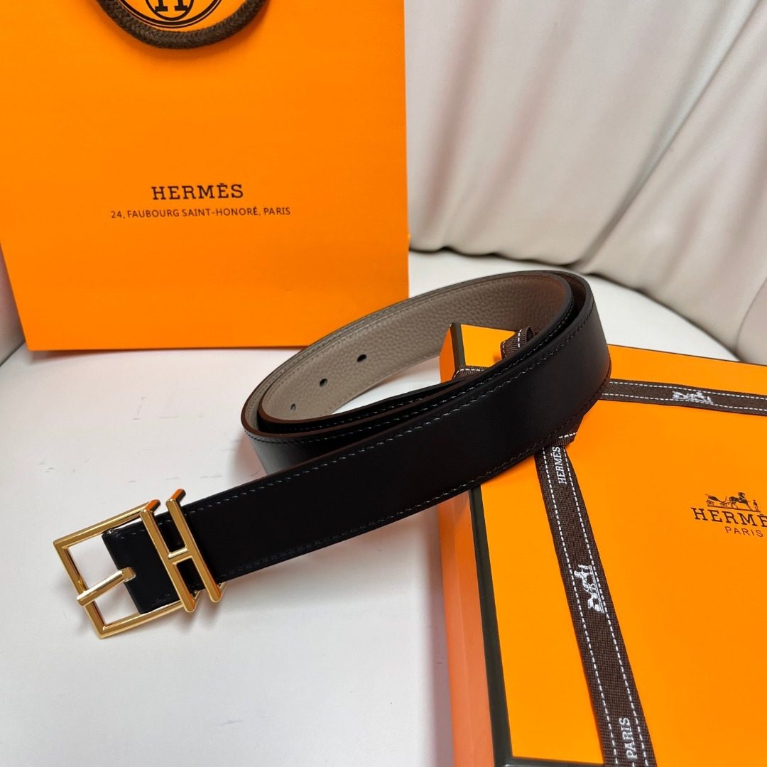 Hermès H-Buckle Black Leather Belt