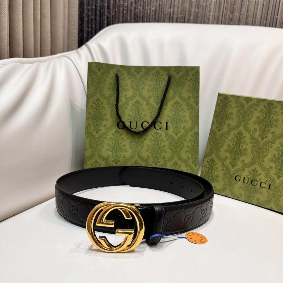 Gucci GG Embossed Black Leather Belt