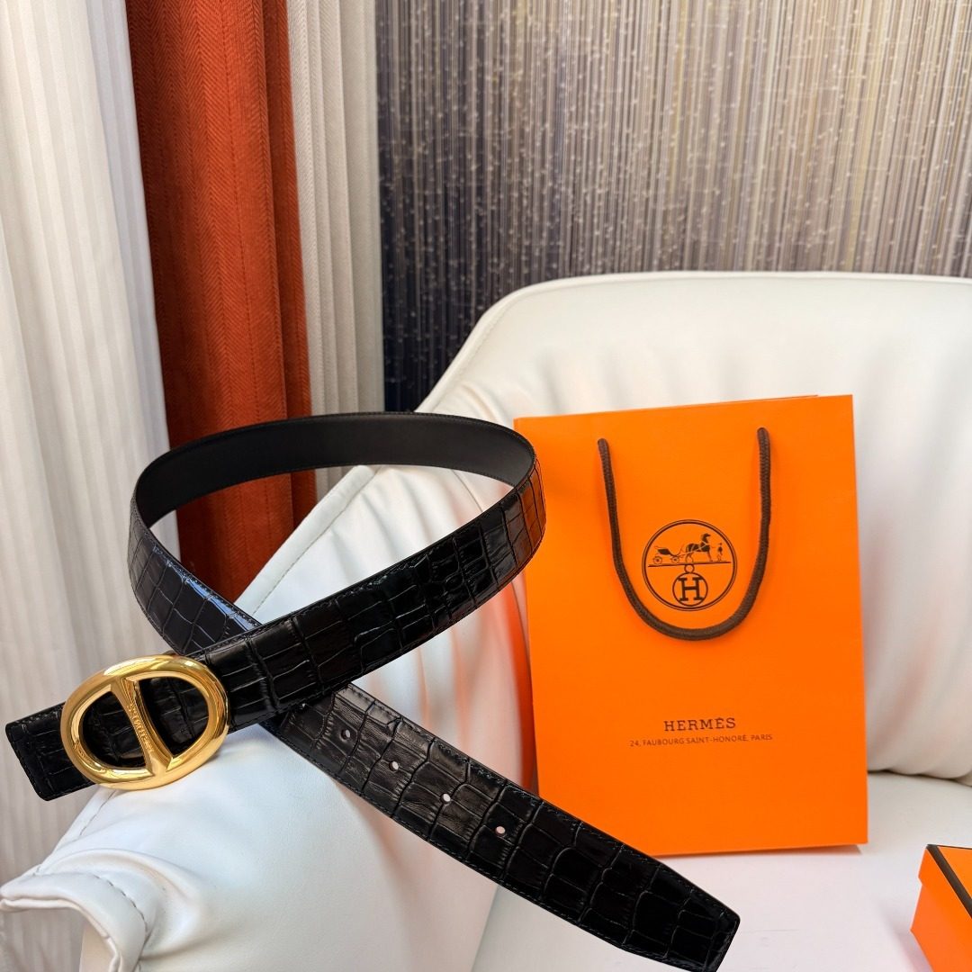 Hermès Crocodile Leather Belt with Gold Buckle