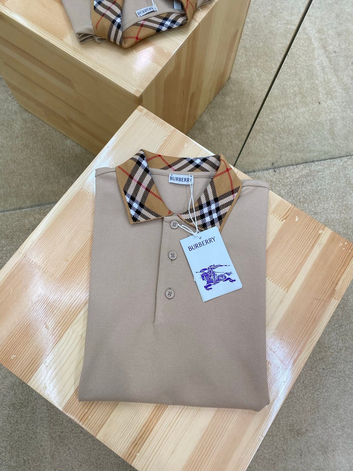 Burberry Check Collar Polo Shirt Beige