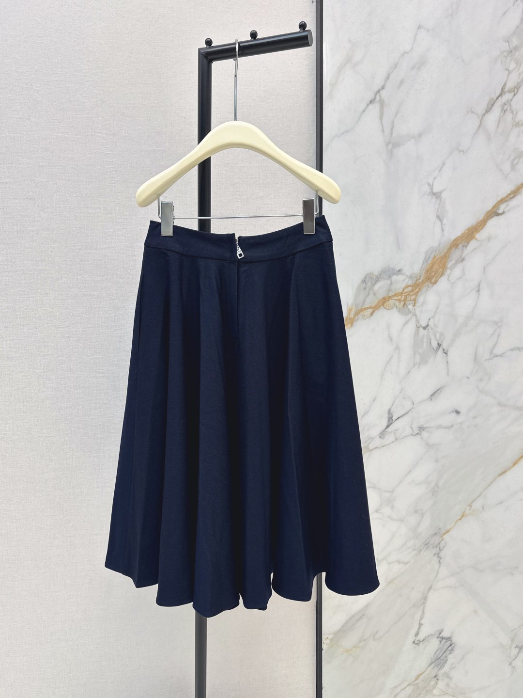 Navy Cotton A-Line Midi Skirt
