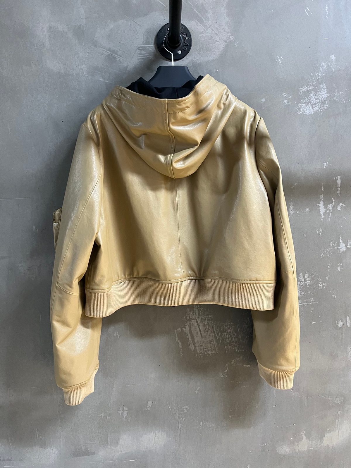 Cream Leather Cropped Hoodie Jacket