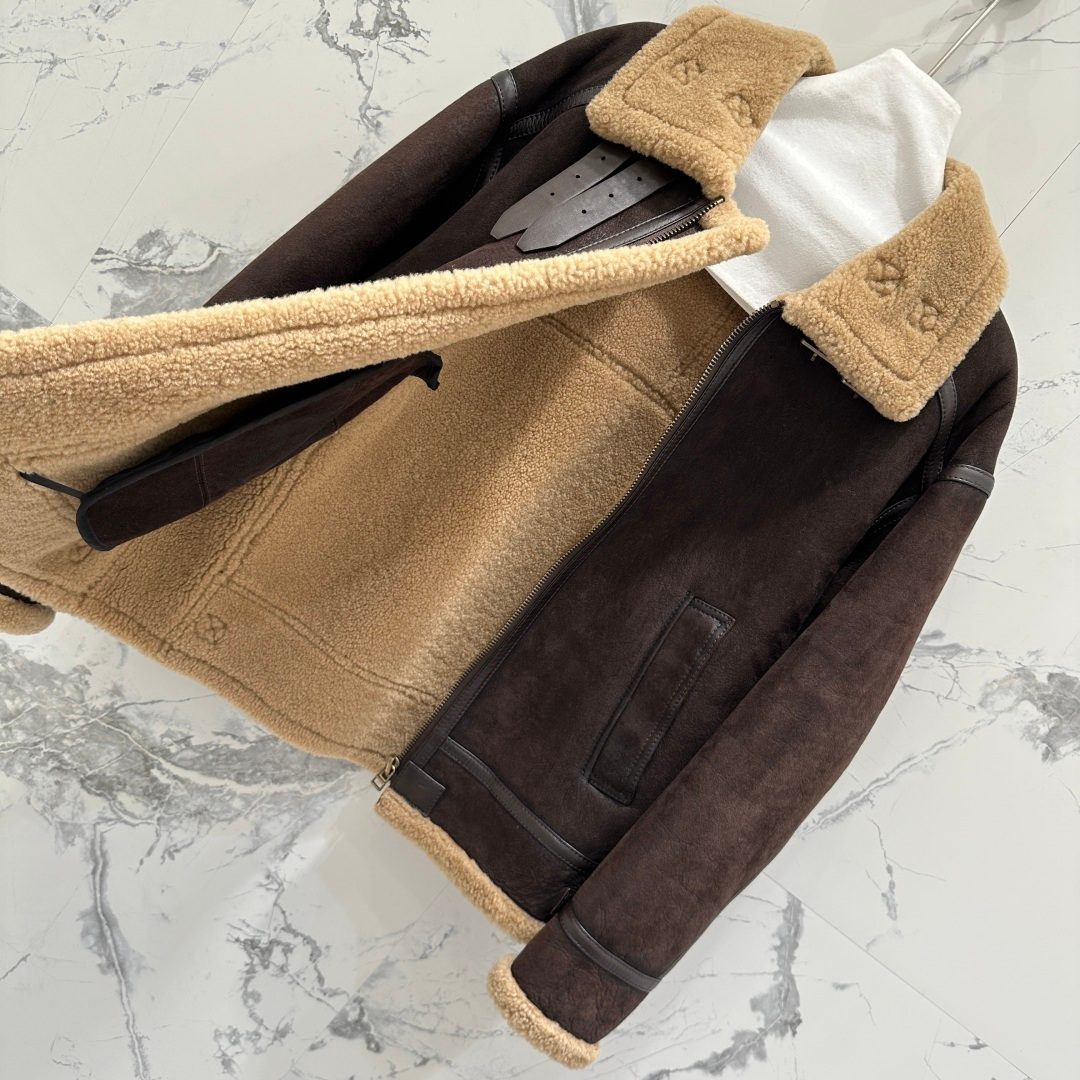 Brown Suede Shearling Collar Bomber Jacket