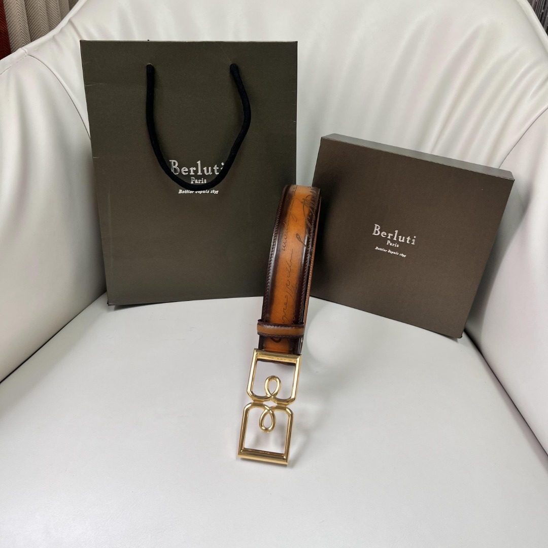 Berluti Leather Belt with Gold Hardware