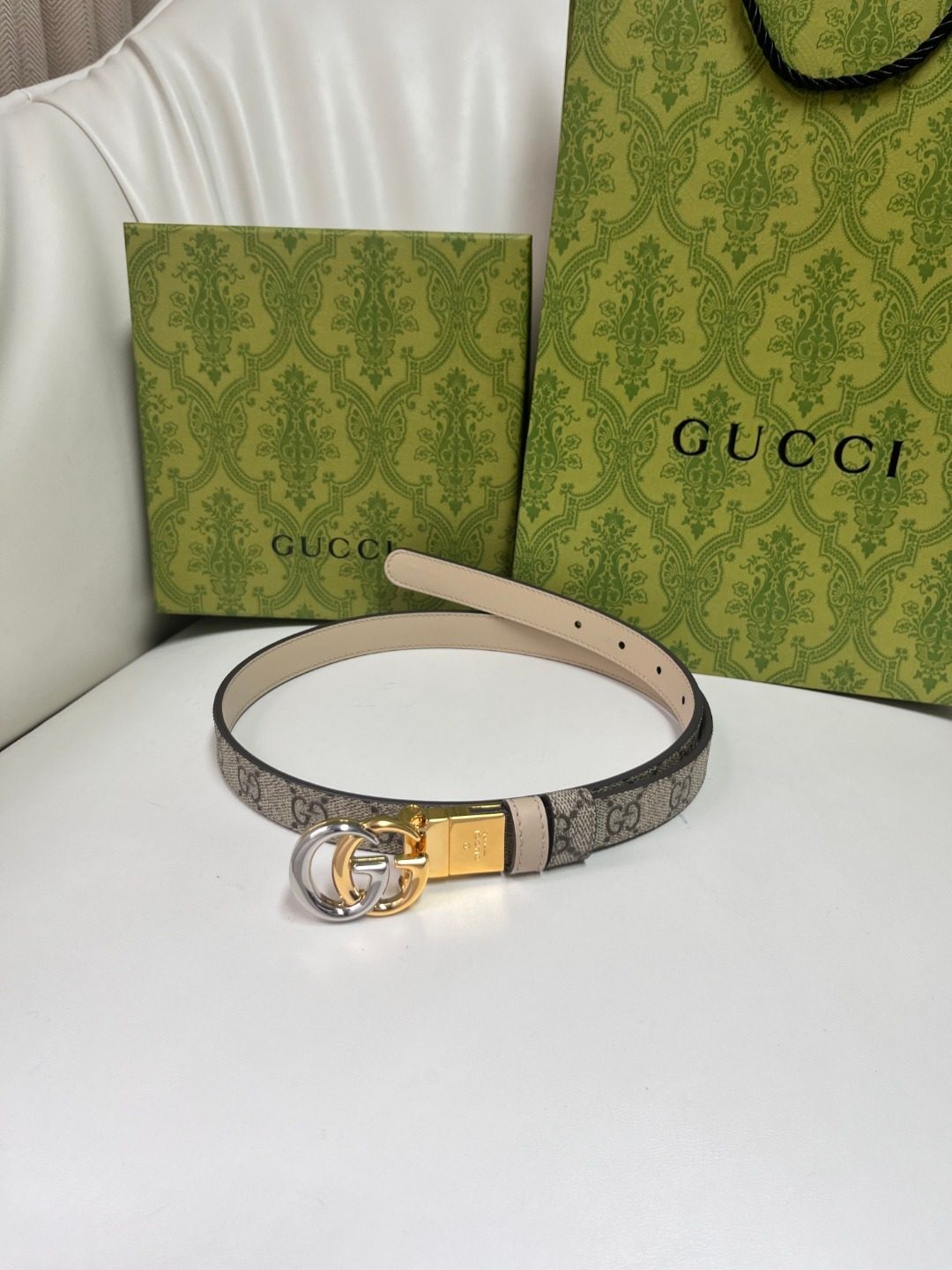 Gucci GG Monogram Leather Belt with Gold Buckle