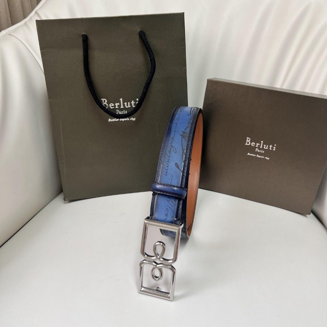Berluti Reversible Leather Belt Blue Orange