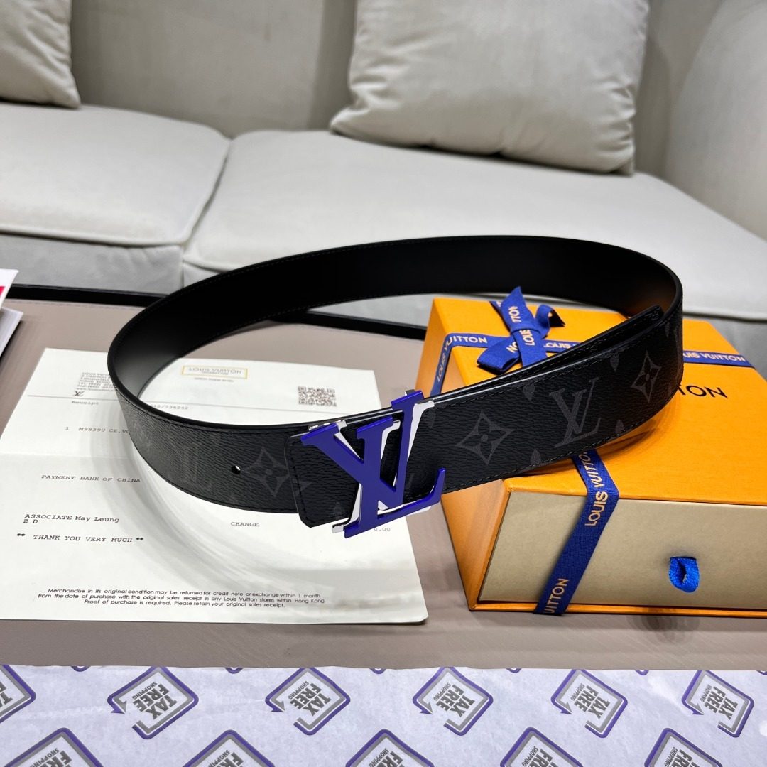 Louis Vuitton Monogram Leather Belt with Blue Buckle