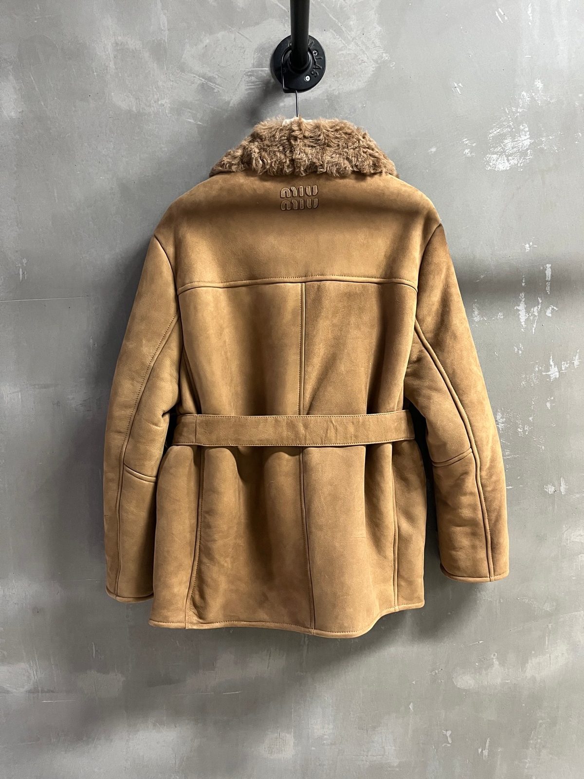 Miu Miu Camel Wool Coat with Shearling Collar