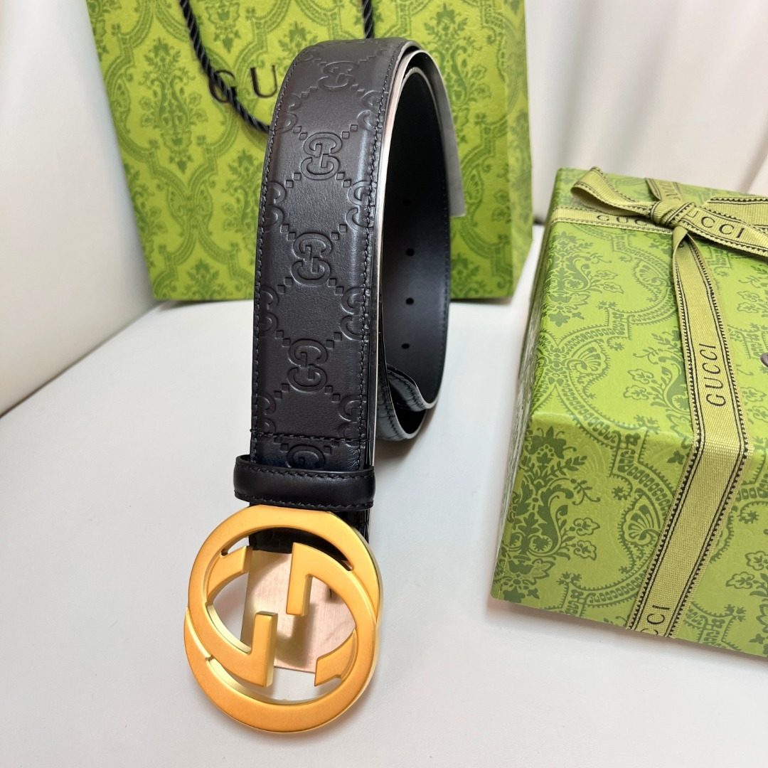 Gucci GG Embossed Leather Belt with Gold Buckle