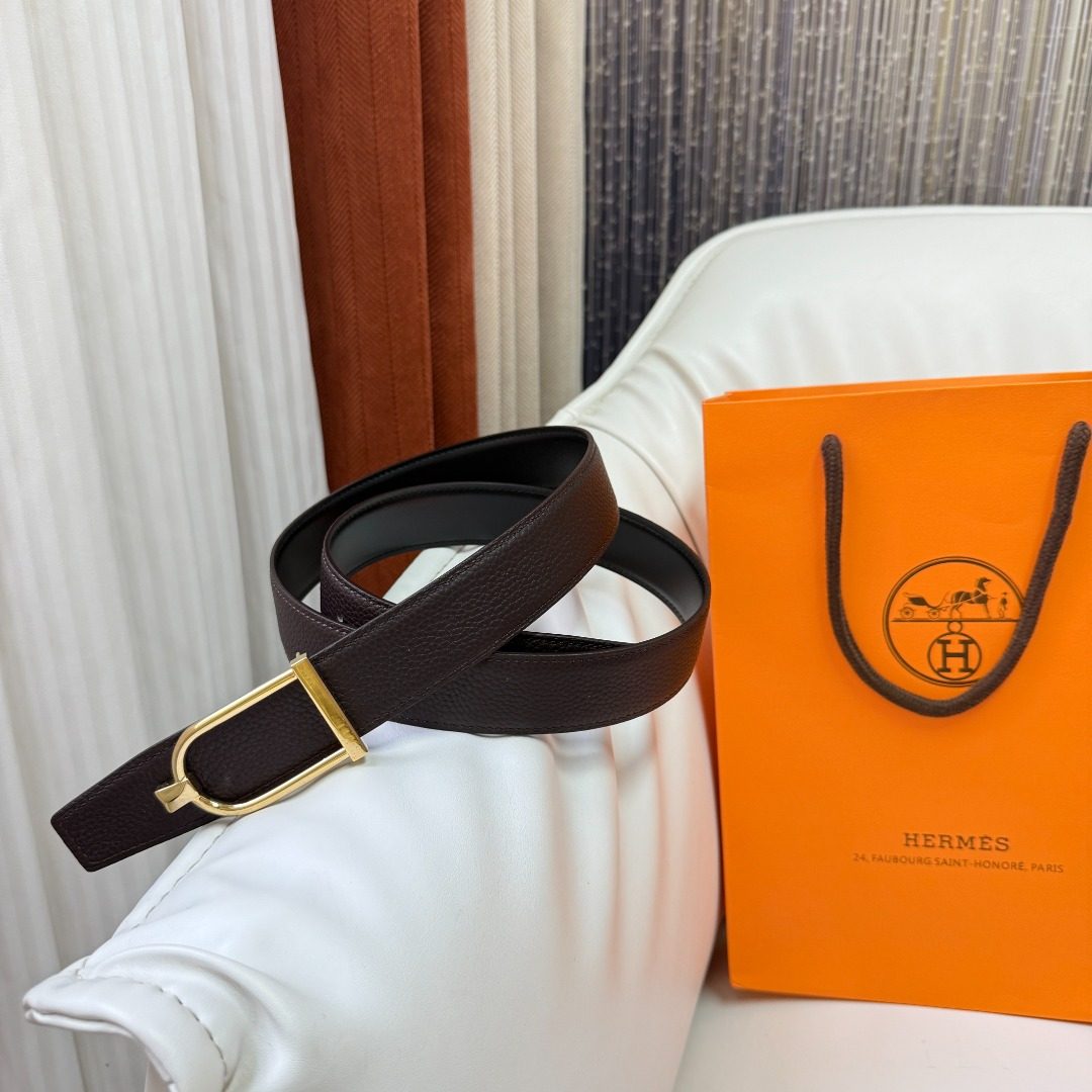 Hermès Reversible Leather Belt with Gold Buckle