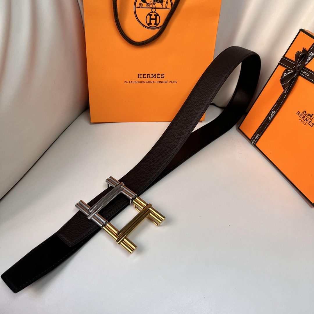 Hermès H Buckle Reversible Leather Belt Dark Brown