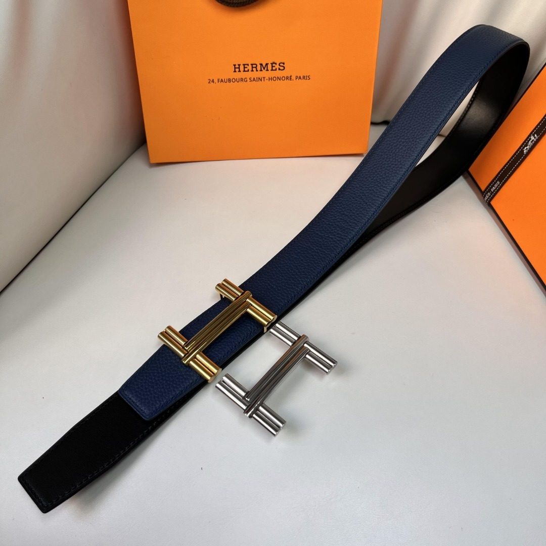 Hermès Reversible Leather H Belt Blue
