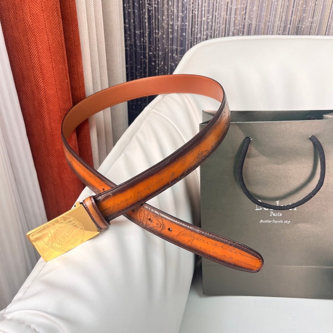 Berluti Leather Belt with Gold Buckle