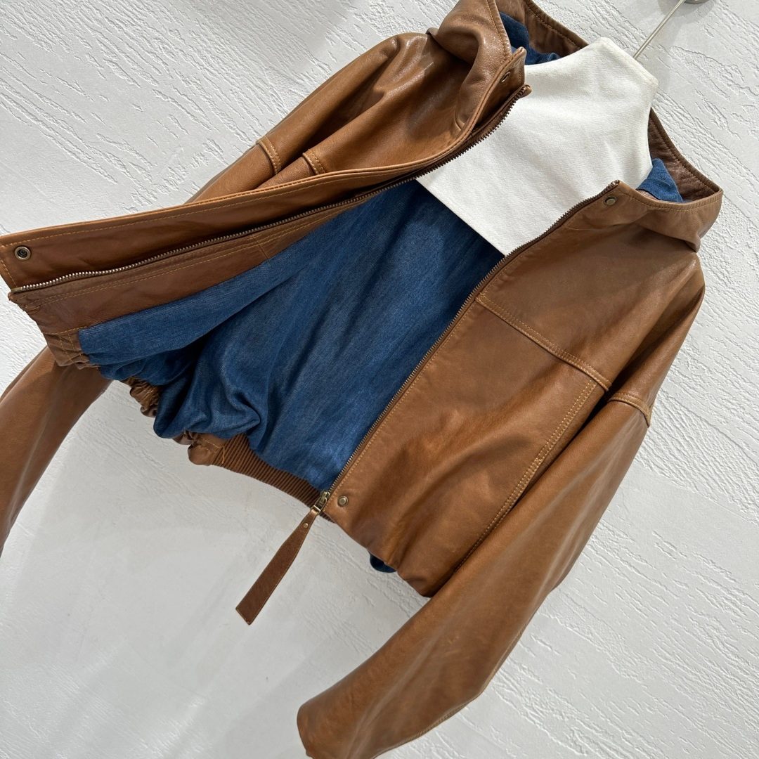Caramel Leather Hooded Bomber Jacket