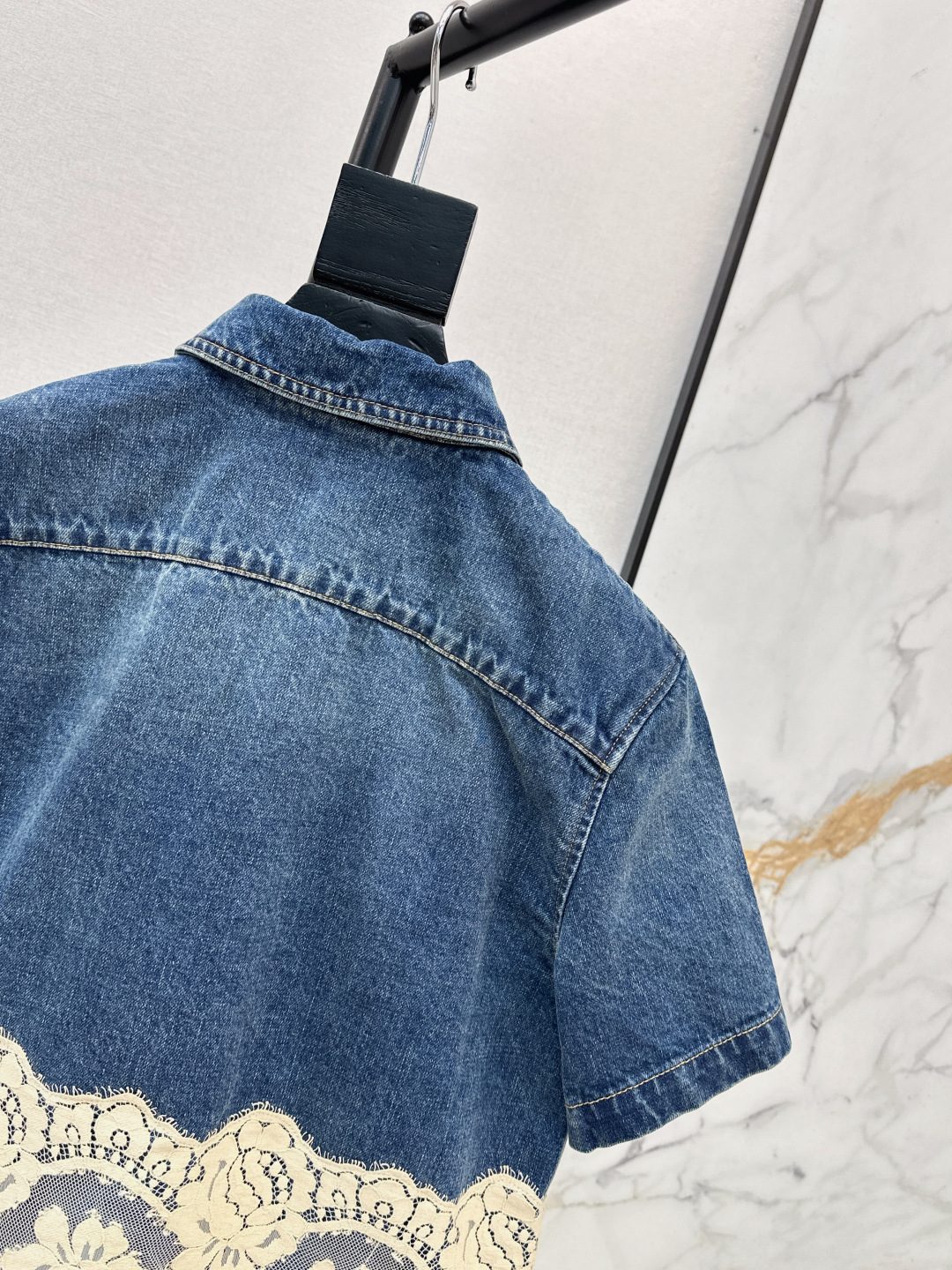 Denim Short Sleeve Shirt with Lace Trim