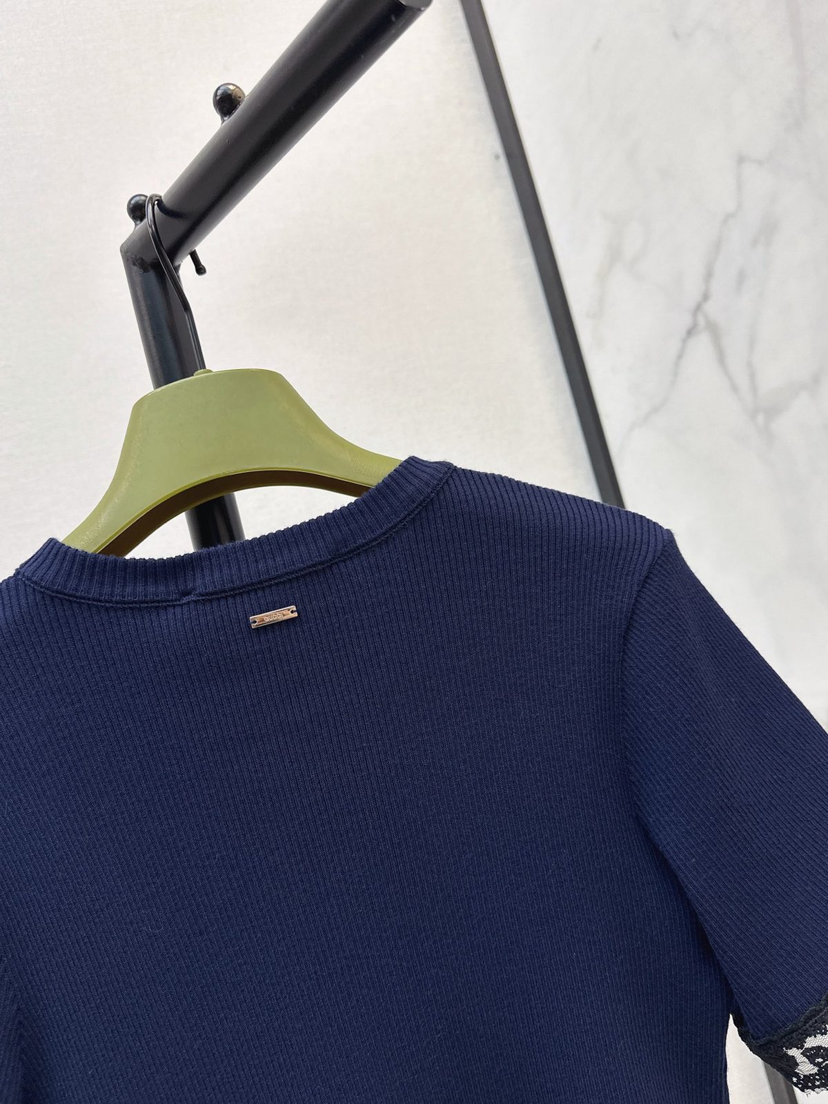 Navy Ribbed T-Shirt with Lace Trim