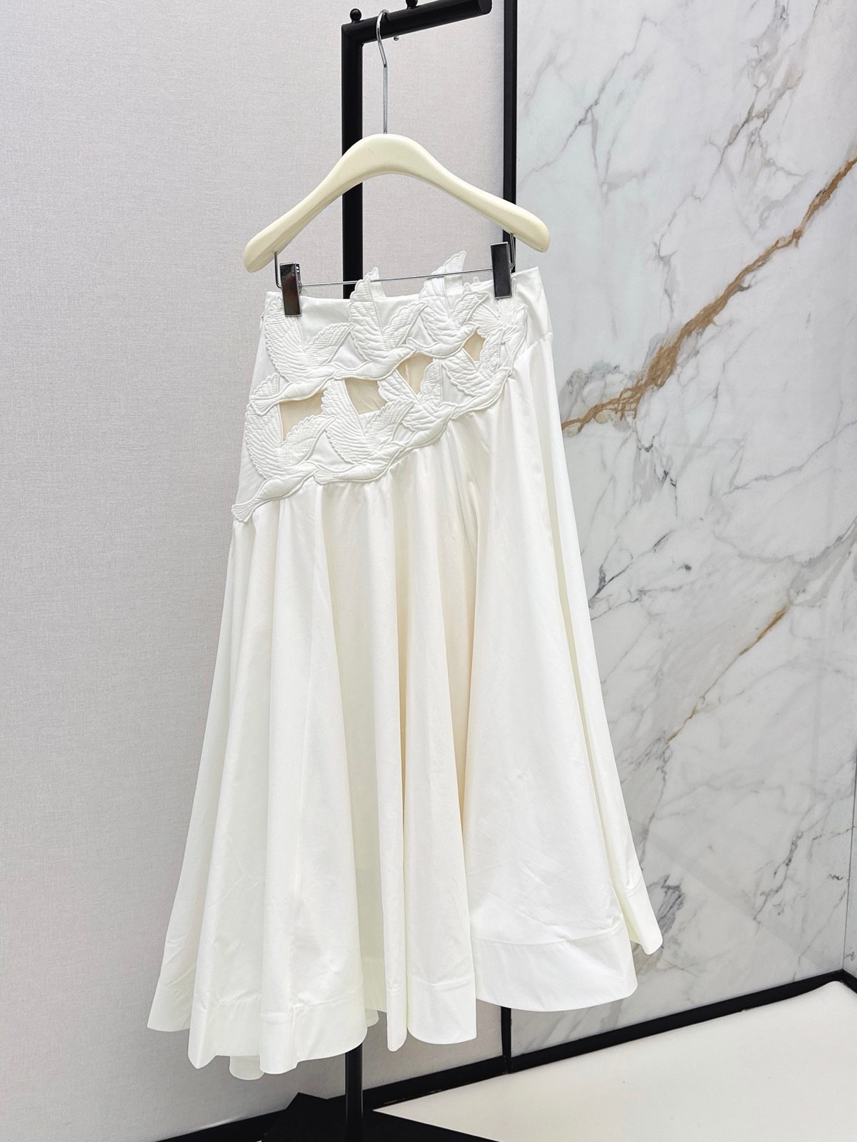 White Pleated Midi Skirt with Textured Waist Detail