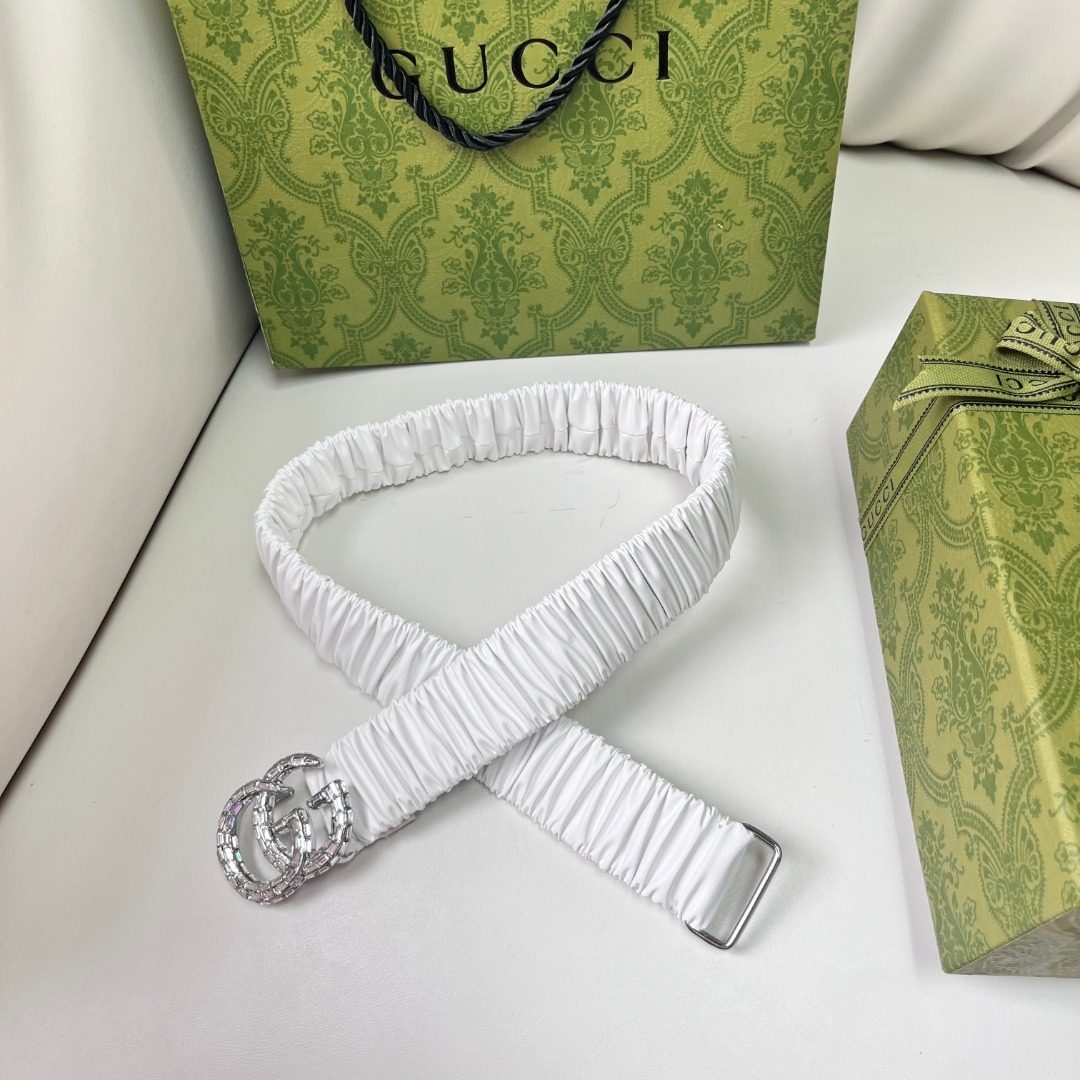 Gucci GG Marmont Ruched White Leather Belt