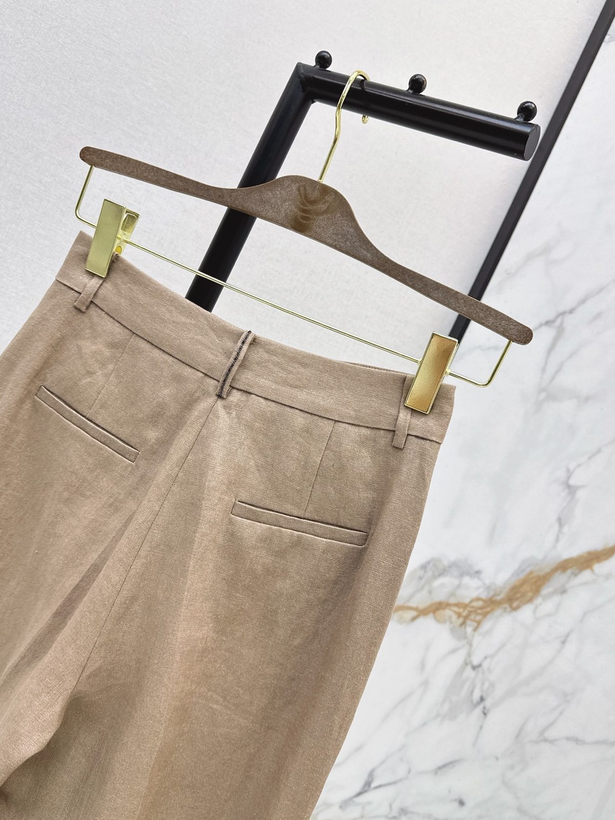 Beige Linen Flat Front Trousers