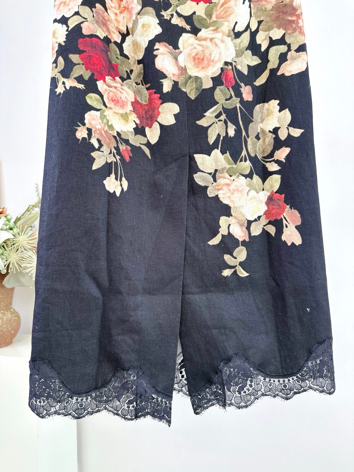 Navy Floral Print Dress with Lace Hem