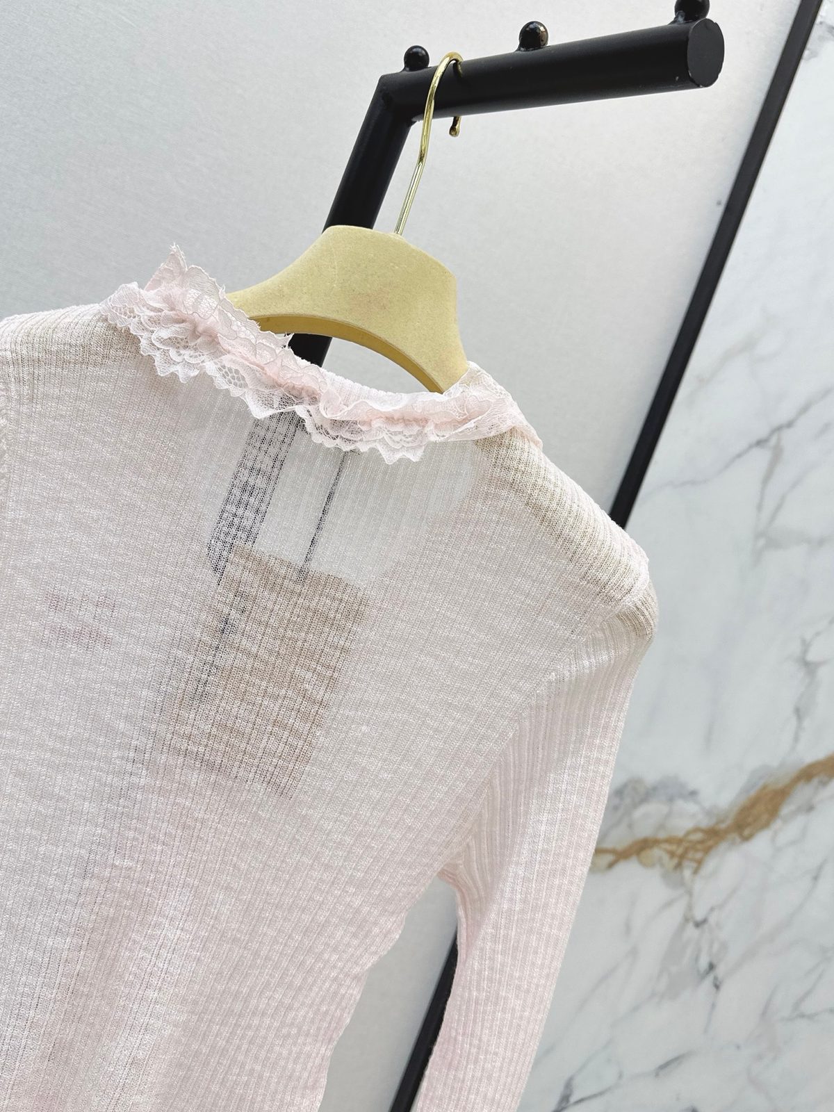 Miu Miu Ribbed Lace Trim Cropped Cardigan