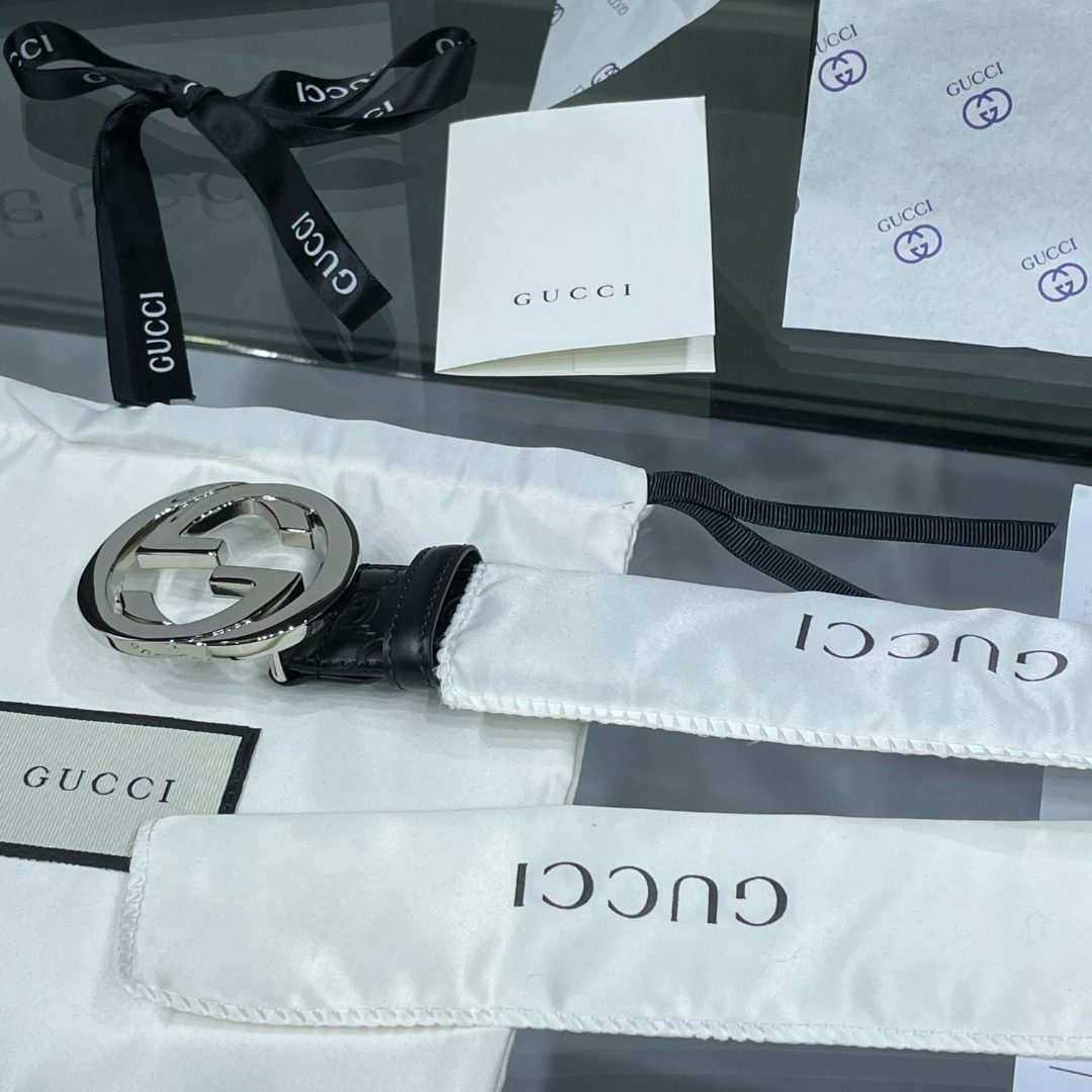 Gucci GG Embossed Leather Belt with Interlocking G Buckle